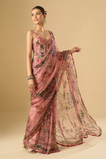 Mahima Mahajan_Pink Sequins, Embroidery, Zari Sweetheart Neck Floral Printed Saree With Corset _Online_at_Aza_Fashions
