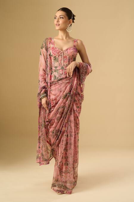 Buy_Mahima Mahajan_Pink Sequins, Embroidery, Zari Sweetheart Neck Floral Printed Saree With Corset _Online_at_Aza_Fashions