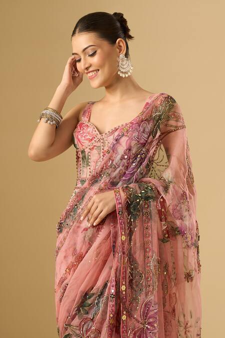 Shop_Mahima Mahajan_Pink Sequins, Embroidery, Zari Sweetheart Neck Floral Printed Saree With Corset _Online_at_Aza_Fashions