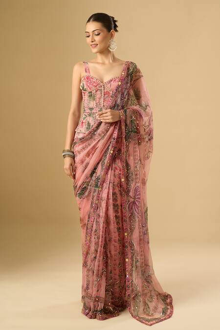 Mahima Mahajan_Pink Sequins, Embroidery, Zari Sweetheart Neck Floral Printed Saree With Corset _at_Aza_Fashions