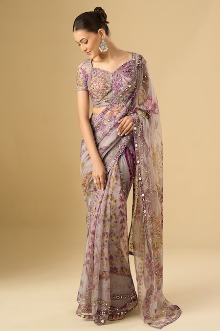 Mahima Mahajan_Pink Embroidery, Sequins, Mirrors Printed Pre-draped Saree With Blouse_Online_at_Aza_Fashions