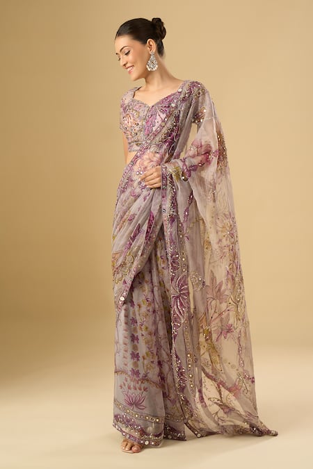 Buy_Mahima Mahajan_Pink Embroidery, Sequins, Mirrors Printed Pre-draped Saree With Blouse_Online_at_Aza_Fashions