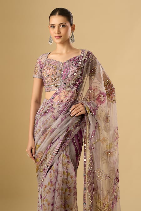 Shop_Mahima Mahajan_Pink Embroidery, Sequins, Mirrors Printed Pre-draped Saree With Blouse_Online_at_Aza_Fashions