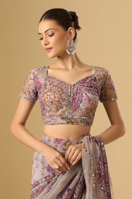 Mahima Mahajan_Pink Embroidery, Sequins, Mirrors Printed Pre-draped Saree With Blouse_at_Aza_Fashions