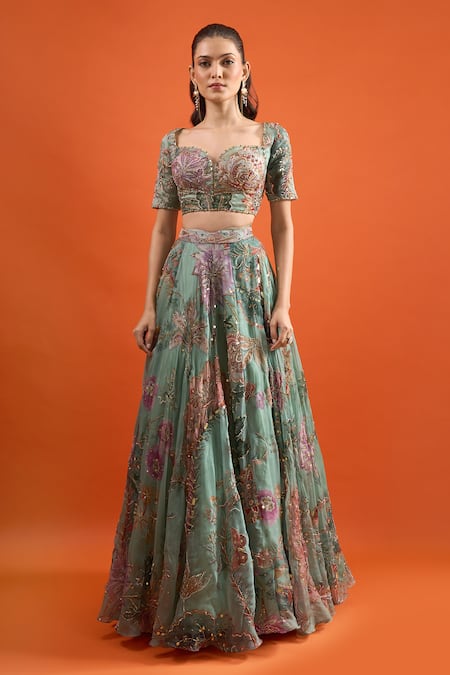 Mahima Mahajan_Green Sequins, Zari, Embroidery Sweetheart Neck Floral Printed Lehenga Set_Online_at_Aza_Fashions