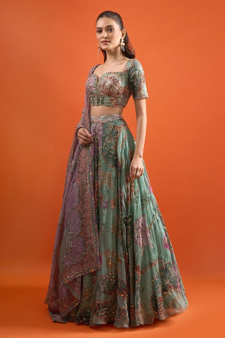 Mahima Mahajan_Green Sequins, Zari, Embroidery Sweetheart Neck Floral Printed Lehenga Set_at_Aza_Fashions