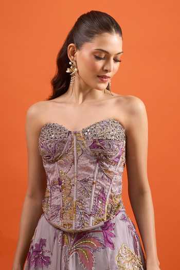 Buy Mahima Mahajan Purple Sequins, Beads, Embroidery Sweetheart Floral Pattern Lehenga With Corset Online at Aza Fashions Buy_Mahima Mahajan_Purple Sequins, Beads, Embroidery Sweetheart Floral Pattern Lehenga With Corset _Online_at_Aza_Fashions