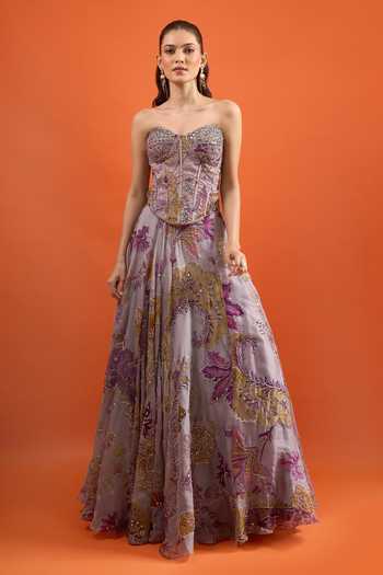 Mahima Mahajan Purple Sequins, Beads, Embroidery Sweetheart Floral Pattern Lehenga With Corset at Aza Fashions Mahima Mahajan_Purple Sequins, Beads, Embroidery Sweetheart Floral Pattern Lehenga With Corset _at_Aza_Fashions