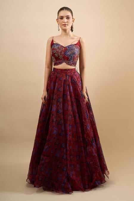 Shop_Mahima Mahajan_Red Organza Embroidery, Sequins, Metallic Thread Floral Print Lehenga Set _Online_at_Aza_Fashions