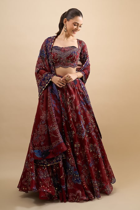 Buy Mahima Mahajan Red Sequins, Beads, Metallic Thread, Embroidery, Zari Square Floral Lehenga Set at Aza Fashions Buy_Mahima Mahajan_Red Sequins, Beads, Metallic Thread, Embroidery, Zari Square Floral Lehenga Set_at_Aza_Fashions