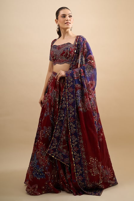 Mahima Mahajan Red Sequins, Beads, Metallic Thread, Embroidery, Zari Square Floral Lehenga Set Online at Aza Fashions Mahima Mahajan_Red Sequins, Beads, Metallic Thread, Embroidery, Zari Square Floral Lehenga Set_Online_at_Aza_Fashions