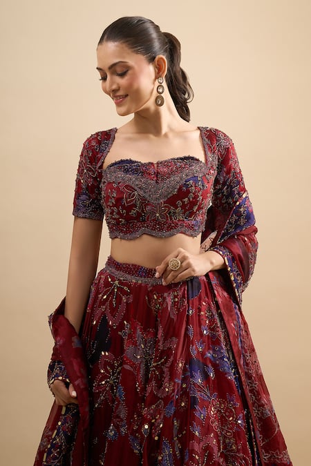 Shop Mahima Mahajan Red Sequins, Beads, Metallic Thread, Embroidery, Zari Square Floral Lehenga Set Online at Aza Fashions Shop_Mahima Mahajan_Red Sequins, Beads, Metallic Thread, Embroidery, Zari Square Floral Lehenga Set_Online_at_Aza_Fashions
