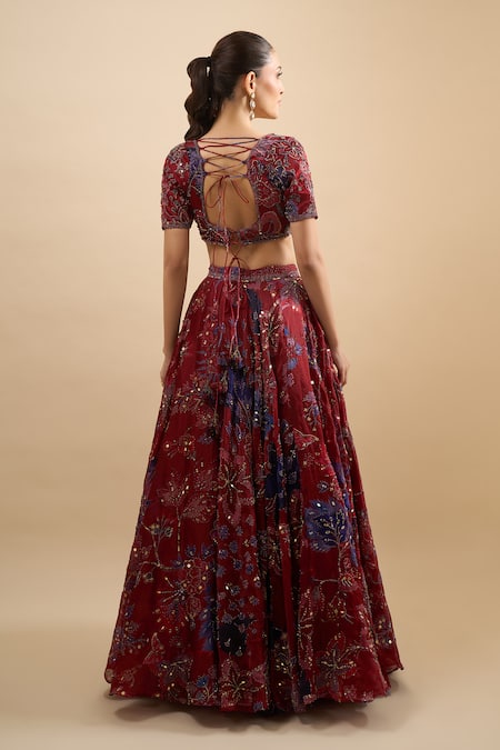 Shop Mahima Mahajan Red Sequins, Beads, Metallic Thread, Embroidery, Zari Square Floral Lehenga Set at Aza Fashions Shop_Mahima Mahajan_Red Sequins, Beads, Metallic Thread, Embroidery, Zari Square Floral Lehenga Set_at_Aza_Fashions
