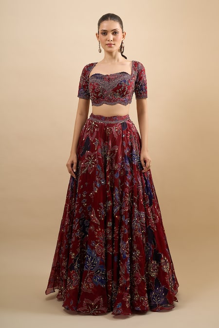 Mahima Mahajan Red Sequins, Beads, Metallic Thread, Embroidery, Zari Square Floral Lehenga Set at Aza Fashions Mahima Mahajan_Red Sequins, Beads, Metallic Thread, Embroidery, Zari Square Floral Lehenga Set_at_Aza_Fashions