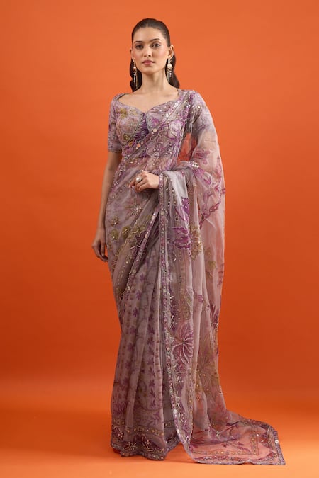 Mahima Mahajan_Purple Embroidery, Sequins, Mirrors, Stones Floral Print Saree With Blouse _Online_at_Aza_Fashions