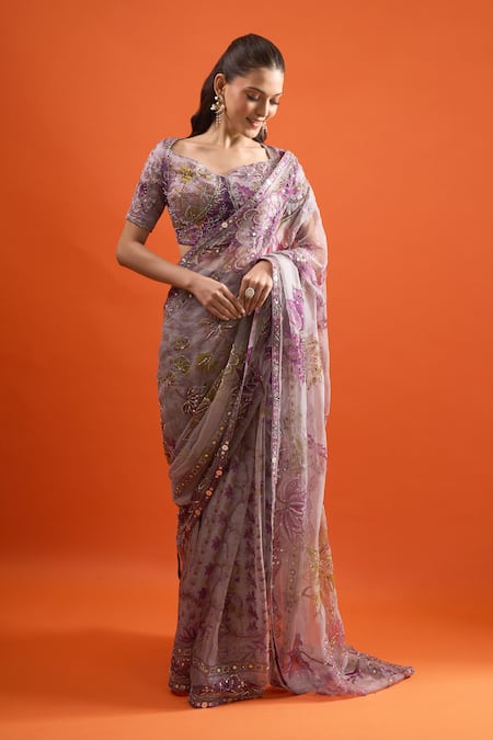Buy_Mahima Mahajan_Purple Embroidery, Sequins, Mirrors, Stones Floral Print Saree With Blouse _Online_at_Aza_Fashions
