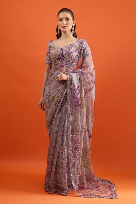 Mahima Mahajan_Purple Embroidery, Sequins, Mirrors, Stones Floral Print Saree With Blouse _at_Aza_Fashions