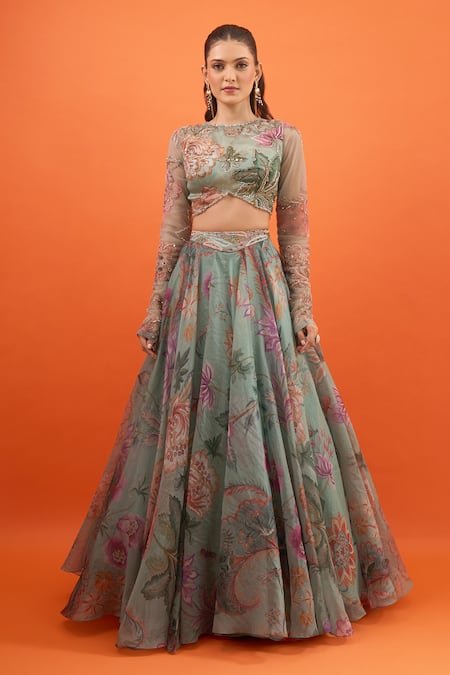 Mahima Mahajan_Green Embroidery, Sequins Round Neck Floral Printed Lehenga Set_Online_at_Aza_Fashions