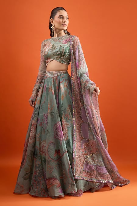 Buy_Mahima Mahajan_Green Embroidery, Sequins Round Neck Floral Printed Lehenga Set_Online_at_Aza_Fashions