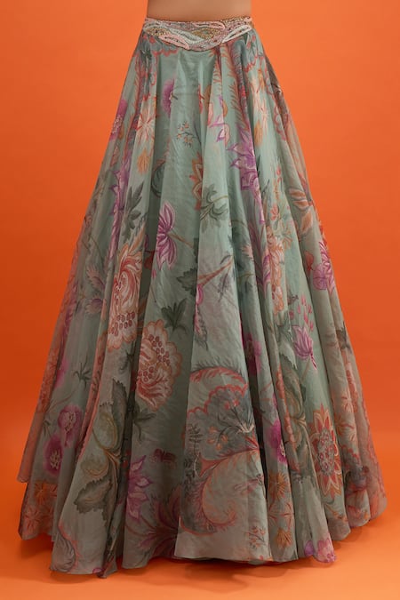 Shop_Mahima Mahajan_Green Embroidery, Sequins Round Neck Floral Printed Lehenga Set_Online_at_Aza_Fashions