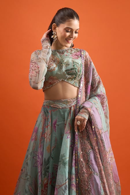 Mahima Mahajan_Green Embroidery, Sequins Round Neck Floral Printed Lehenga Set_at_Aza_Fashions