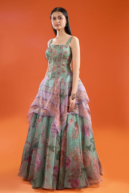 Mahima Mahajan Green Sequins, Embroidery Square Neck Ruffle Printed Lehenga With Corset Online at Aza Fashions Mahima Mahajan_Green Sequins, Embroidery Square Neck Ruffle Printed Lehenga With Corset_Online_at_Aza_Fashions