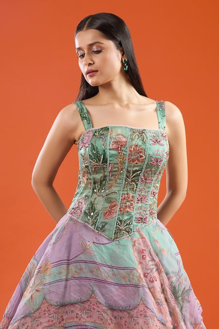 Buy Mahima Mahajan Green Sequins, Embroidery Square Neck Ruffle Printed Lehenga With Corset Online at Aza Fashions Buy_Mahima Mahajan_Green Sequins, Embroidery Square Neck Ruffle Printed Lehenga With Corset_Online_at_Aza_Fashions