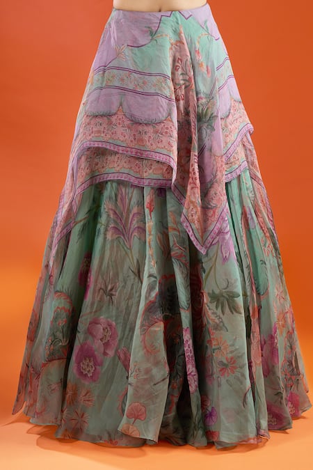 Shop Mahima Mahajan Green Sequins, Embroidery Square Neck Ruffle Printed Lehenga With Corset Online at Aza Fashions Shop_Mahima Mahajan_Green Sequins, Embroidery Square Neck Ruffle Printed Lehenga With Corset_Online_at_Aza_Fashions