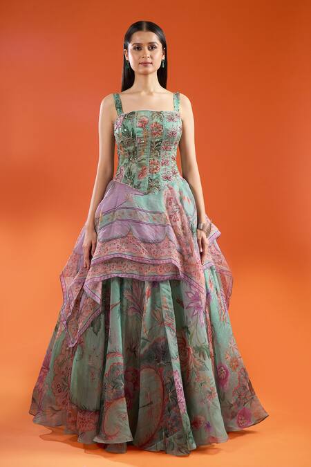 Mahima Mahajan Green Sequins, Embroidery Square Neck Ruffle Printed Lehenga With Corset at Aza Fashions Mahima Mahajan_Green Sequins, Embroidery Square Neck Ruffle Printed Lehenga With Corset_at_Aza_Fashions