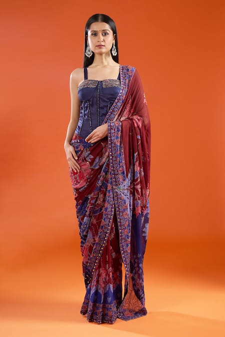 Shop_Mahima Mahajan_Blue Beads, Sequins, Embroidery Sweetheart Neck Floral Print Saree With Corset _Online_at_Aza_Fashions