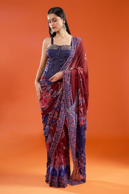 Mahima Mahajan_Blue Beads, Sequins, Embroidery Sweetheart Neck Floral Print Saree With Corset _at_Aza_Fashions