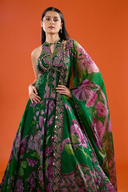 Mahima Mahajan_Green Sequins, Stones, Embroidery High Neck Floral Print Corset Lehenga Set _Online_at_Aza_Fashions