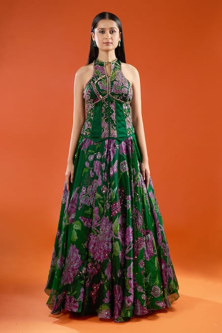 Shop_Mahima Mahajan_Green Sequins, Stones, Embroidery High Neck Floral Print Corset Lehenga Set _Online_at_Aza_Fashions