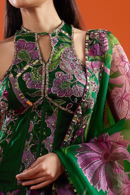 Mahima Mahajan_Green Sequins, Stones, Embroidery High Neck Floral Print Corset Lehenga Set _at_Aza_Fashions