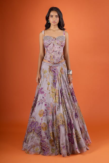 Mahima Mahajan_Purple Sequins, Embroidery Sweetheart Neck Printed Lehenga With Corset _Online_at_Aza_Fashions