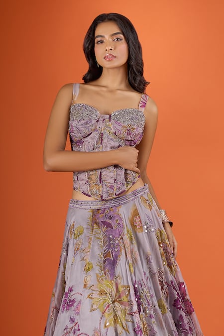 Mahima Mahajan_Purple Sequins, Embroidery Sweetheart Neck Printed Lehenga With Corset _at_Aza_Fashions