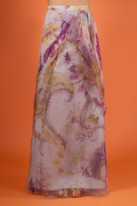 Shop_Mahima Mahajan_Purple Round Neck Floral Print Corset With Draped Skirt _Online_at_Aza_Fashions