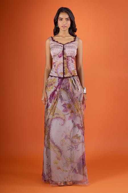 Mahima Mahajan_Purple Round Neck Floral Print Corset With Draped Skirt _at_Aza_Fashions