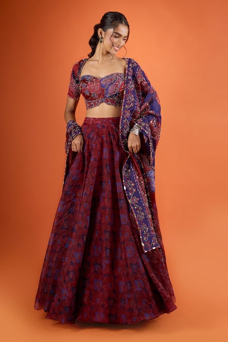 Buy_Mahima Mahajan_Red Embroidery, Sequins Sweetheart Neck Floral Print Lehenga Set _Online_at_Aza_Fashions