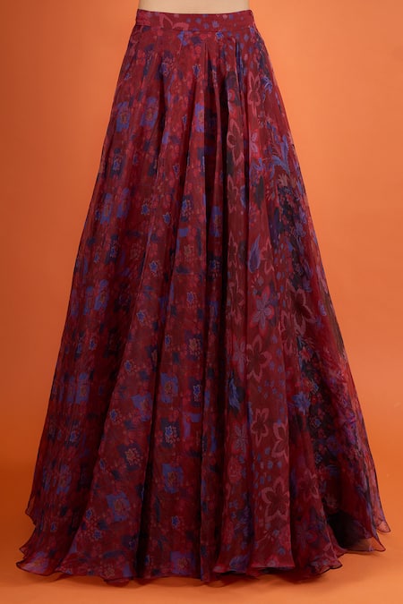 Shop_Mahima Mahajan_Red Embroidery, Sequins Sweetheart Neck Floral Print Lehenga Set _Online_at_Aza_Fashions