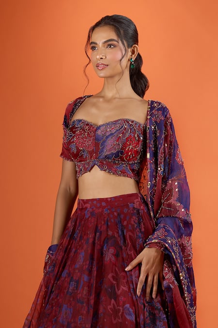 Mahima Mahajan_Red Embroidery, Sequins Sweetheart Neck Floral Print Lehenga Set _at_Aza_Fashions