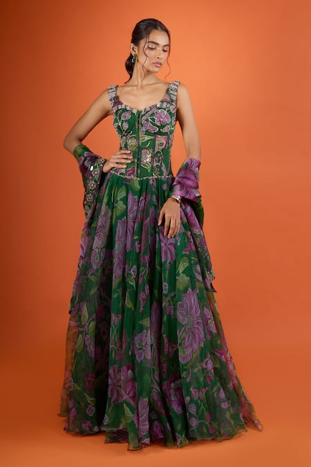 Buy Mahima Mahajan Green Embroidery, Sequins Sweetheart Neck Floral Print Anarkali With Dupatta Online at Aza Fashions Buy_Mahima Mahajan_Green Embroidery, Sequins Sweetheart Neck Floral Print Anarkali With Dupatta_Online_at_Aza_Fashions