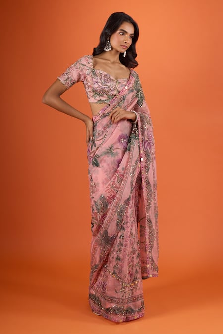 Mahima Mahajan_Pink Embroidery, Sequins, Zari Sweetheart Neck, Floral Printed Saree With Blouse _Online_at_Aza_Fashions