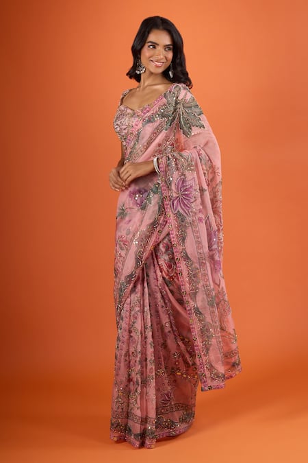 Buy_Mahima Mahajan_Pink Embroidery, Sequins, Zari Sweetheart Neck, Floral Printed Saree With Blouse _Online_at_Aza_Fashions