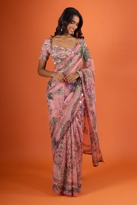 Shop_Mahima Mahajan_Pink Embroidery, Sequins, Zari Sweetheart Neck, Floral Printed Saree With Blouse _Online_at_Aza_Fashions