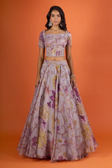 Shop_Mahima Mahajan_Purple Embroidery, Sequins, Mirrors Square Neck Floral Printed Lehenga Set _Online_at_Aza_Fashions