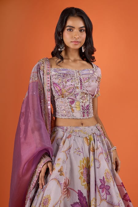 Mahima Mahajan_Purple Embroidery, Sequins, Mirrors Square Neck Floral Printed Lehenga Set _at_Aza_Fashions