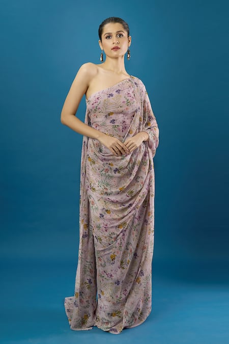 Buy Anamika Khanna Purple Asymmetric Printed Draped Dress Online at Aza Fashions Buy_Anamika Khanna_Purple Asymmetric Printed Draped Dress _Online_at_Aza_Fashions