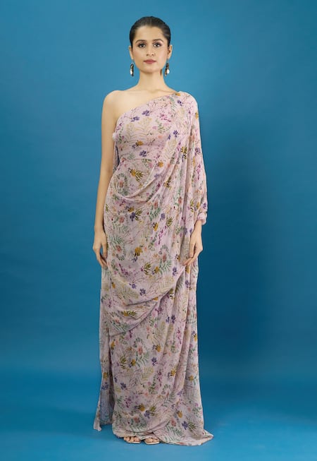 Shop Anamika Khanna Purple Asymmetric Printed Draped Dress Online at Aza Fashions Shop_Anamika Khanna_Purple Asymmetric Printed Draped Dress _Online_at_Aza_Fashions