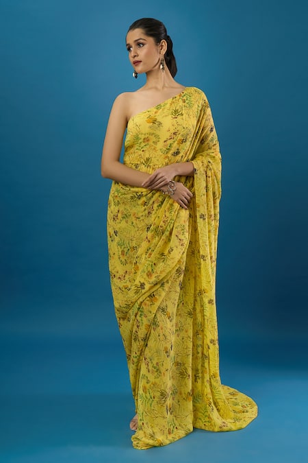 Anamika Khanna Yellow One Shoulder, Asymmetric Printed Draped Dress Online at Aza Fashions Anamika Khanna_Yellow One Shoulder, Asymmetric Printed Draped Dress _Online_at_Aza_Fashions